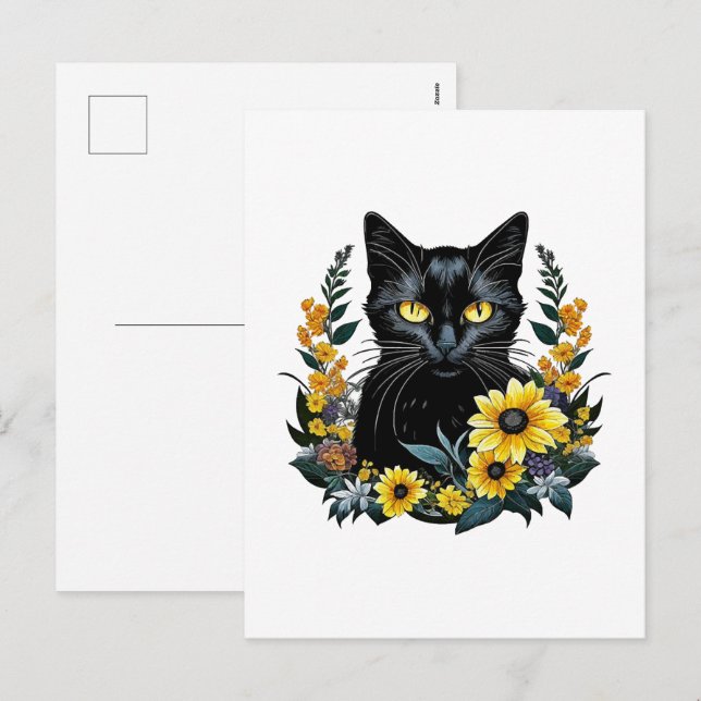 Black Cat With Flowers Feiertagspostkarte (Vorne/Hinten)