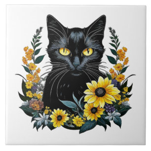 Black Cat With Flowers Fliese