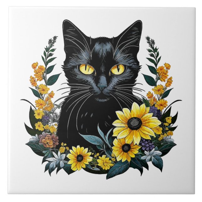 Black Cat With Flowers Fliese (Vorderseite)