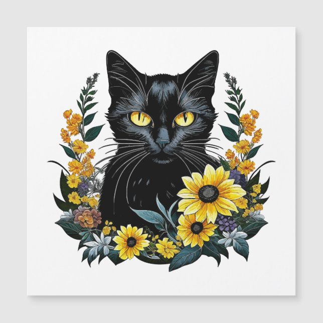 Black Cat With Flowers Magnetkarte (Vorderseite)