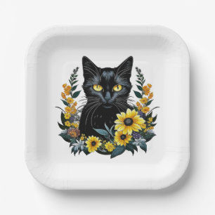 Black Cat With Flowers Pappteller