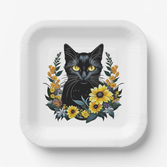 Black Cat With Flowers Pappteller (Vorderseite)