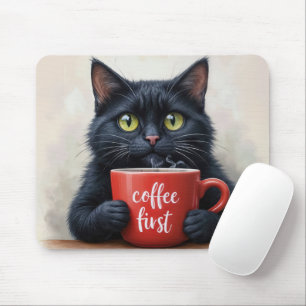Black Cat with Fun Coffee Tasse Zitat Mousepad