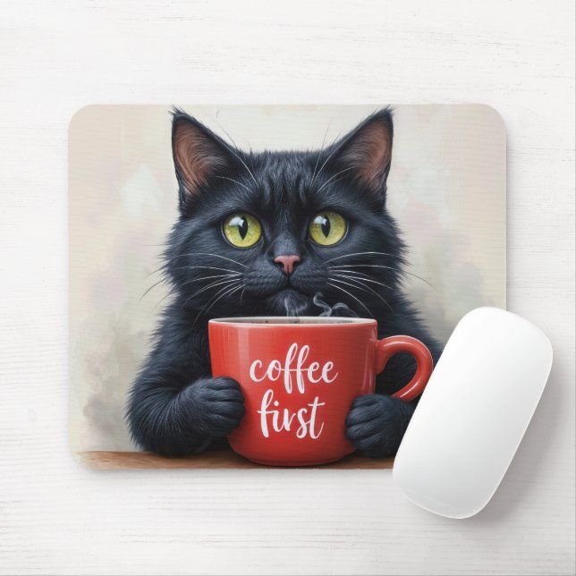 Black Cat with Fun Coffee Tasse Zitat Mousepad (Mit Mouse)
