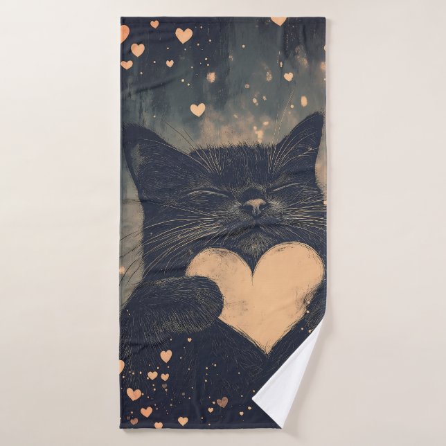 Black Cat with Golden Heart - Cat's Cosy Liebe Badehandtuch (Badehandtuch)