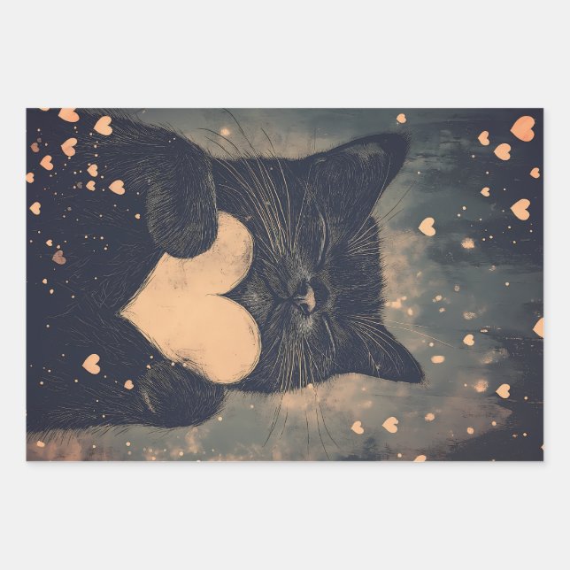 Black Cat with Golden Heart - Cat's Cosy Liebe Geschenkpapier Set (Vorderseite)