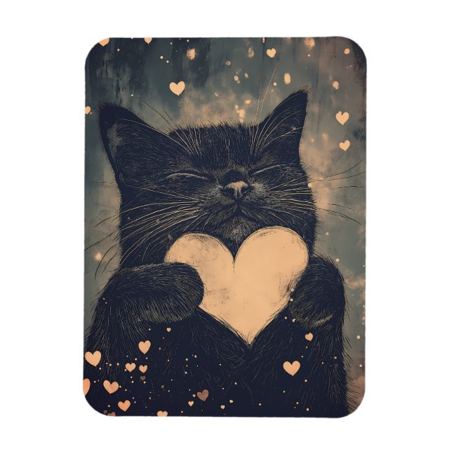 Black Cat with Golden Heart - Cat's Cosy Liebe Magnet (Vertikal)