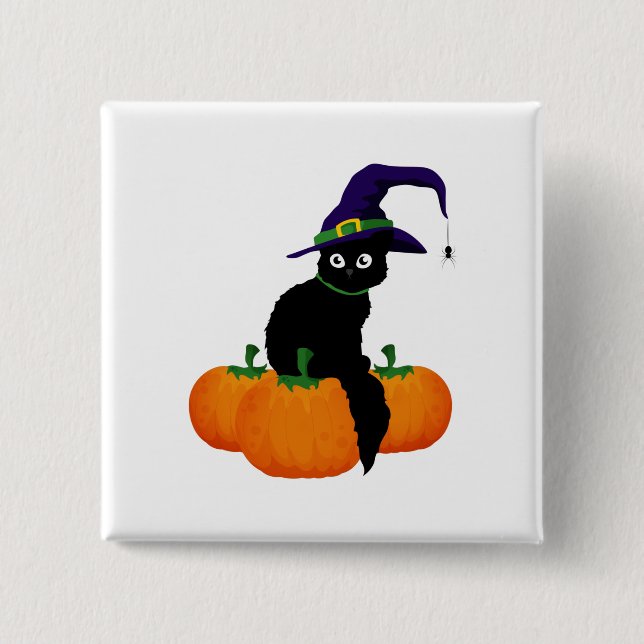 Black Cat With Hat And Pumpkins for Halloween Button (Vorderseite)