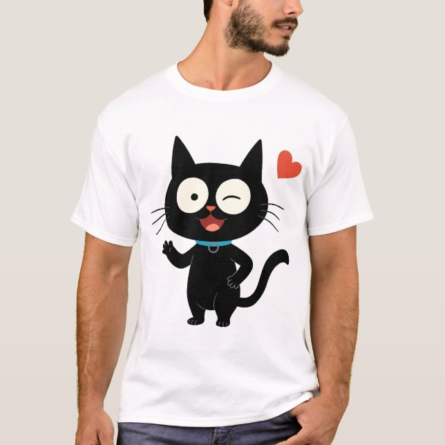 Black Cat with Heart Cartoon T-Shirt (Vorderseite)