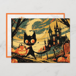 Black Cat with Pumpkin Bucket by the Castle Postkarte