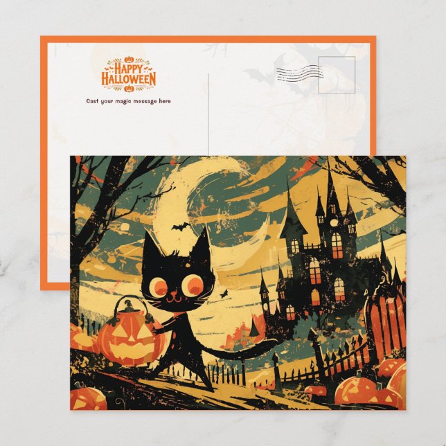Black Cat with Pumpkin Bucket by the Castle Postkarte (Vorne/Hinten)