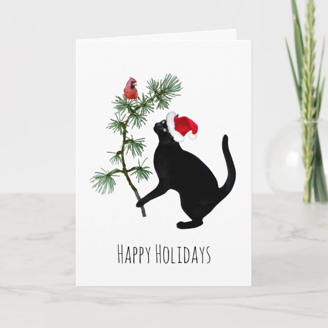 Black Cat with Red Bird in Tree Christmas Card Karte (Vorderseite)