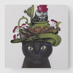 Black Cat with Teapot and Owl Quadratische Wanduhr