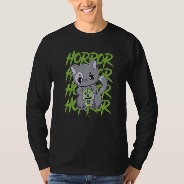 Black Cat With Teddy Bear For Horror Fans   T-Shirt (Vorderseite)