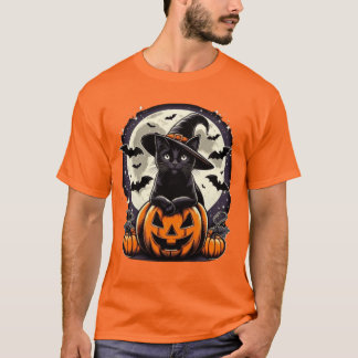 Black Cat Witz auf Jack-o'-Lantern Halloween Desig T-Shirt