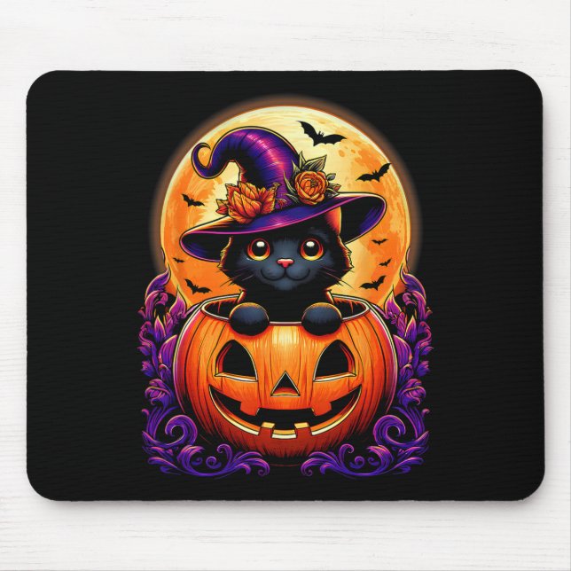 Black Cat Witz Hat Pumpkin Funny Halloween Men Wo Mousepad (Vorne)