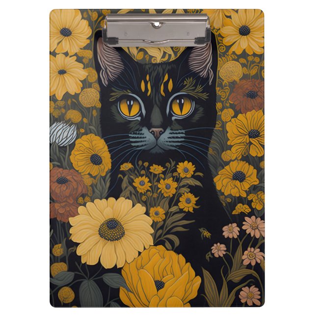 Black Cat Yellow Eyes Vintage Blume #2 Klemmbrett (Vorderseite)