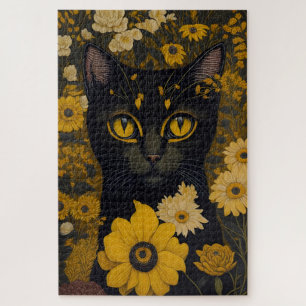 Black Cat Yellow Eyes Vintage Blume #2 Puzzle