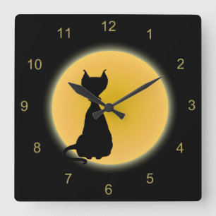 Black Cat & Yellow Moon Halloween Art Quadratische Wanduhr