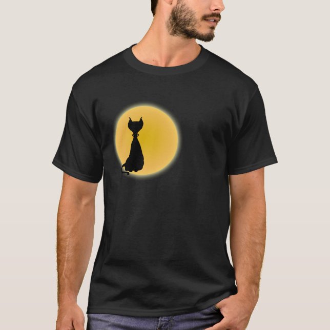 Black Cat & Yellow Moon Halloween Art T-Shirt (Vorderseite)