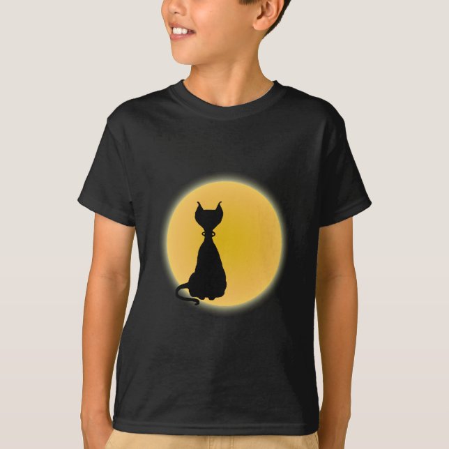 Black Cat & Yellow Moon Halloween Art T-Shirt (Vorderseite)