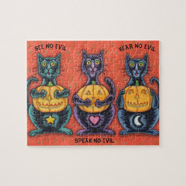 BLACK CATS AND JACKS SEE NO EVIL HALLOWEEN PUZZLE (Horizontal)