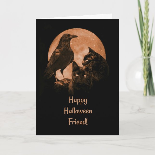 Black Cats and Raven Friend Halloween Karte (Vorderseite)