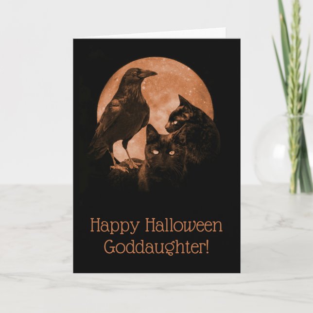 Black Cats and Raven Goddaughter Halloween Karte (Vorderseite)