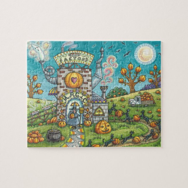 BLACK CATS AND WITCH, PUMPKIN PIE FACTORY PUZZLE (Horizontal)