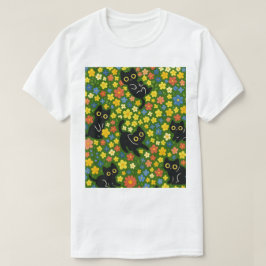 Black Cats | Cute Black Cats Floral Meadow Pattern T-Shirt