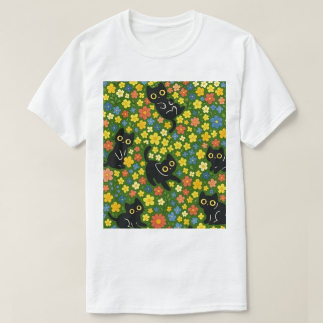 Black Cats | Cute Black Cats Floral Meadow Pattern T-Shirt (Design vorne)