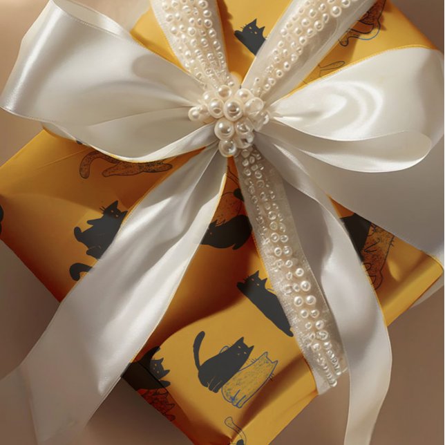 Black Cats on Mustard with Blue Outlines– Modern  Geschenkpapier (Von Creator hochgeladen)