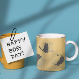 Black Cats on Mustard with Blue Outlines– Modern  Kaffeetasse