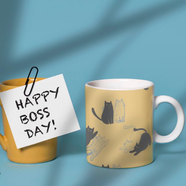 Black Cats on Mustard with Blue Outlines– Modern  Kaffeetasse (Von Creator hochgeladen)