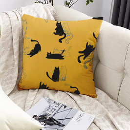 Black Cats on Mustard with Blue Outlines– Modern  Kissen