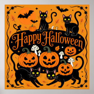 Black Cats Pumpkins und Bats Frohe Halloween Poster