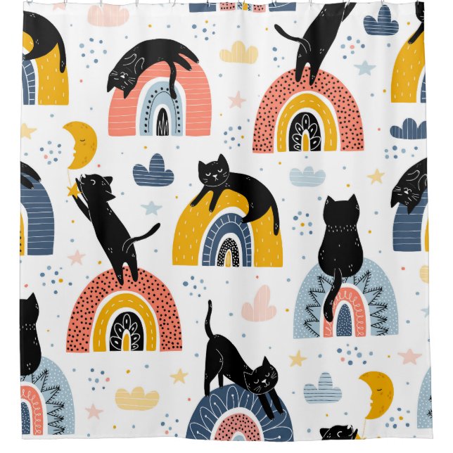 Black Cats Rainbows Fantasy Pattern Duschvorhang (Vorderseite)
