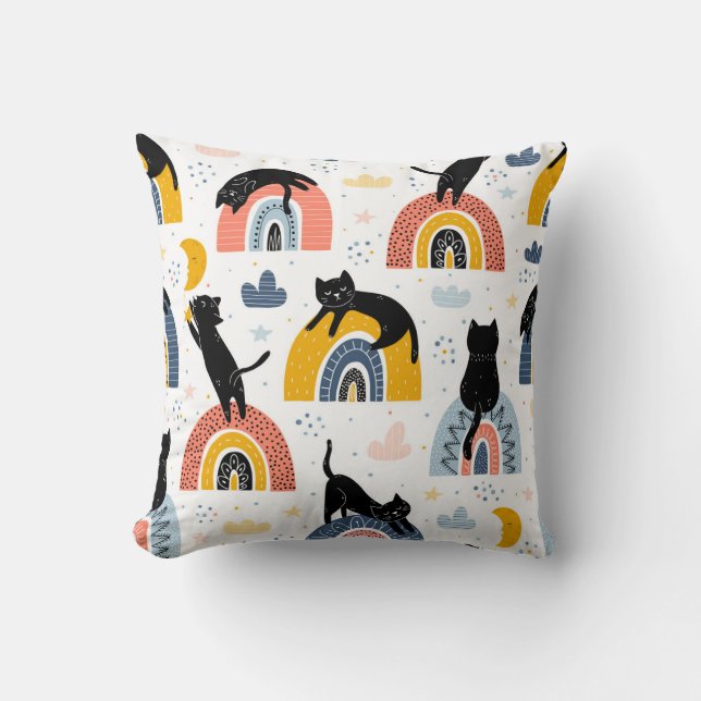 Black Cats Rainbows Fantasy Pattern Kissen (Vorderseite)