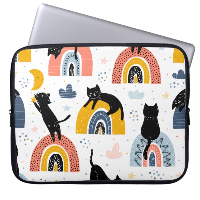 Black Cats Rainbows Fantasy Pattern Laptopschutzhülle (Vorderseite)