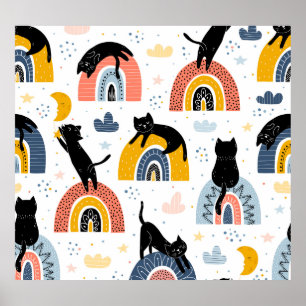 Black Cats Rainbows Fantasy Pattern Poster