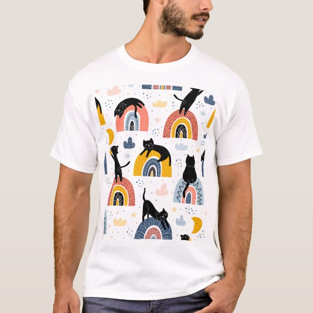 Black Cats Rainbows Fantasy Pattern T-Shirt (Vorderseite)