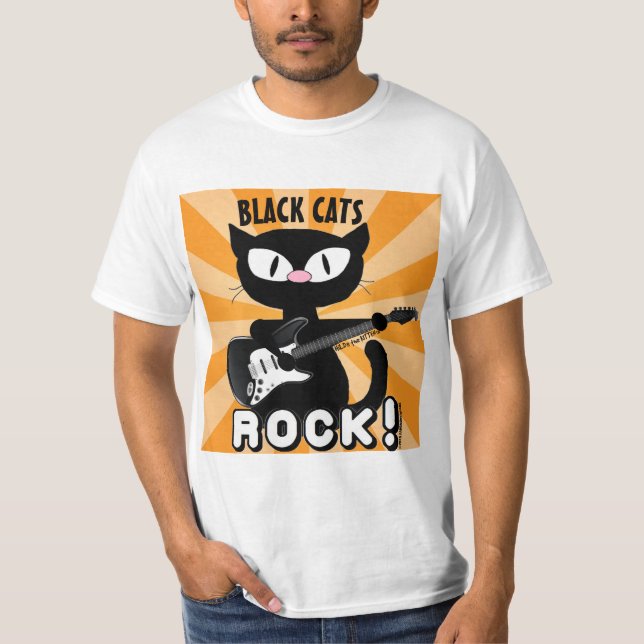 BLACK CATS ROCK! Schwarzer Cartoon Cat Playing Git T-Shirt (Vorderseite)
