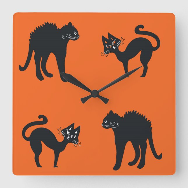 Black Cats Square Wall Clock Quadratische Wanduhr (Vorderseite)