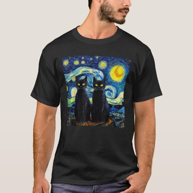 Black Cats Starry Night Vincent van Gogh T-Shirt (Vorderseite)