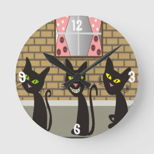 Black Cats Whimsical Clock Runde Wanduhr