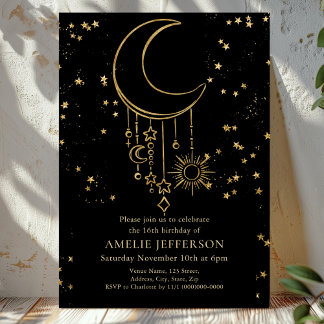 Black Celestial Star Moon Mystical Birthday Einladung
