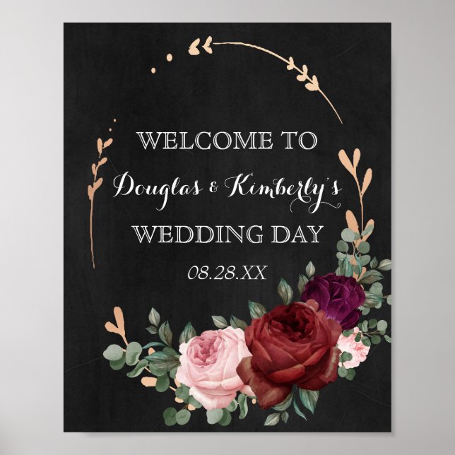 Black Chalkboard Burgundy Gold Rose Boho Wedding Poster (Vorne)