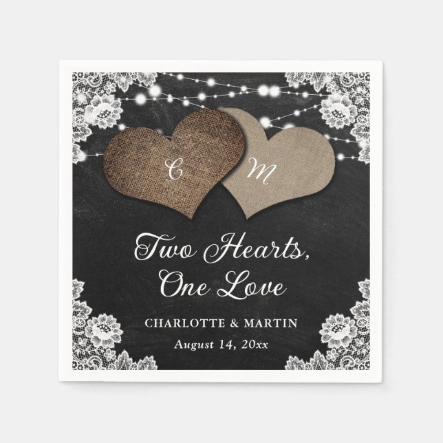 Black Chalkboard Burlap Lace Monogram Wedding Serviette (Vorderseite)