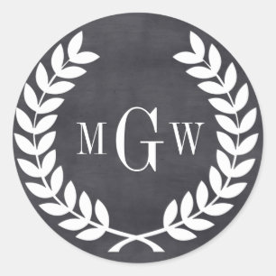 Black Chalkboard Laurel Wreath Monogram Env Siegel Runder Aufkleber