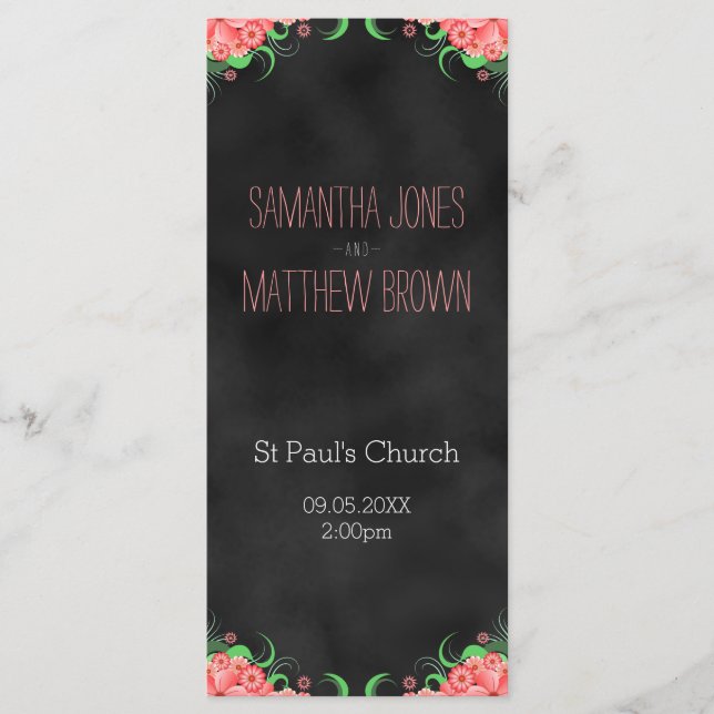 Black Chalkboard Pink Floral Wedding Program Cards Programm (Vorderseite)